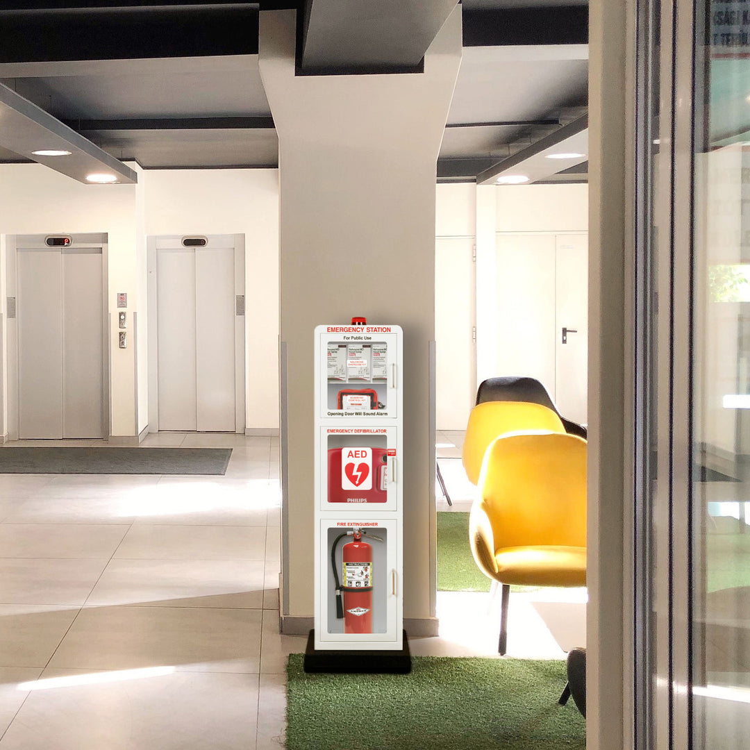 All-in-One Emergency Station – AED, Fire Extinguisher, Naloxone & First Aid Cabinet