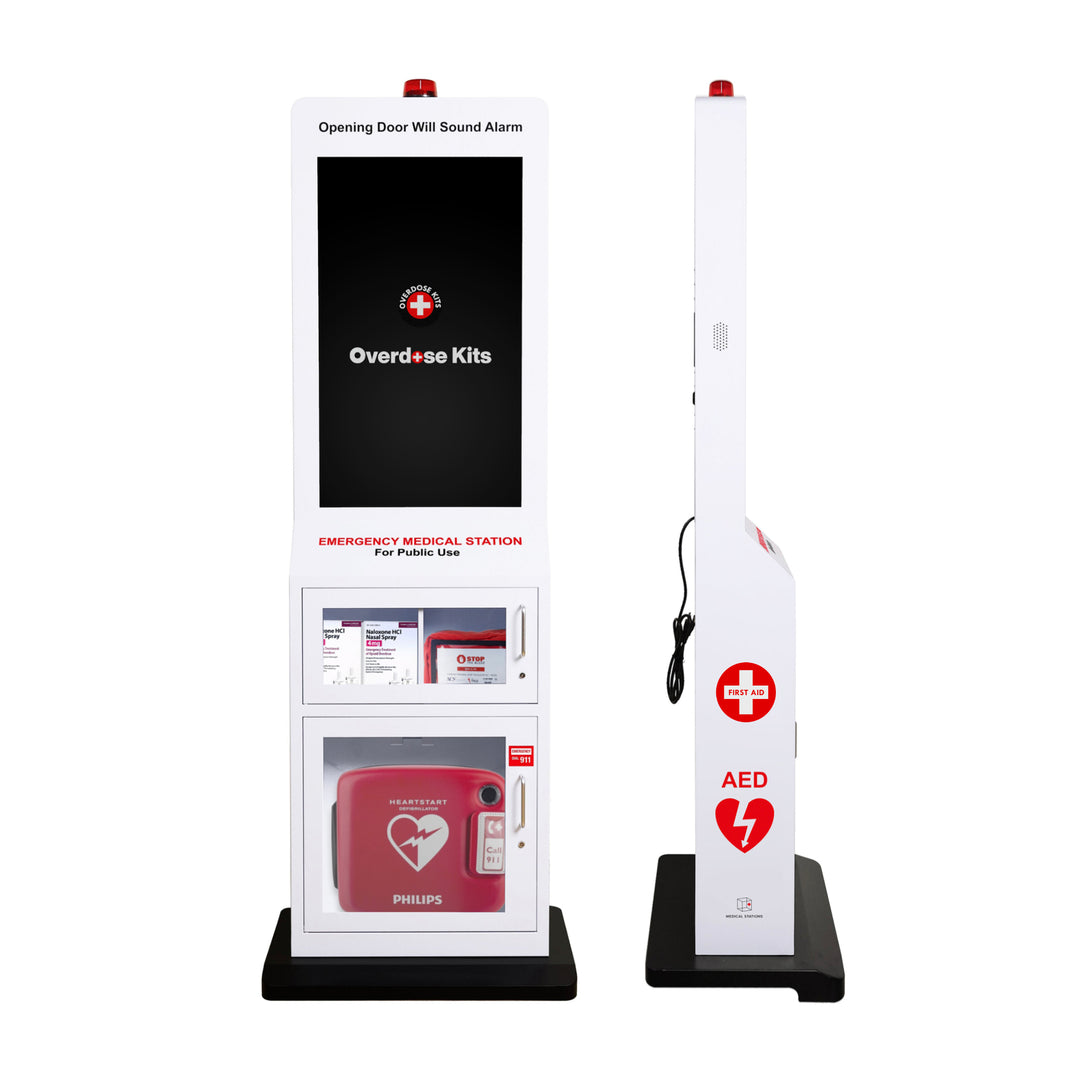 Emergency Medical Station with 32" Video Screen – Stores AED, Naloxone, Bleeding Control & First Aid Kits