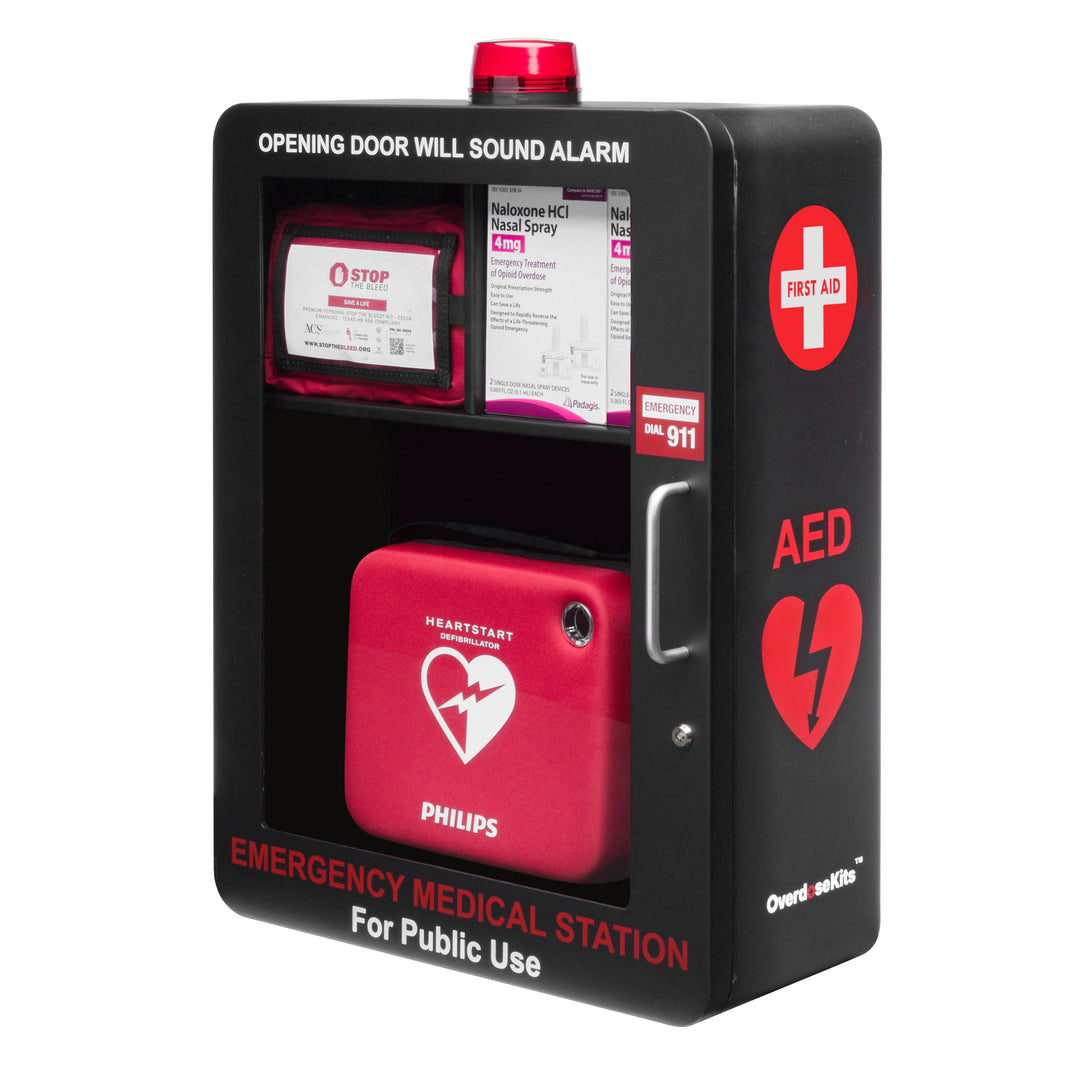 Emergency Medical Station Wall Mount Cabinet Box | Storage for AED, Naloxone, Bleeding Control & First Aid Kits