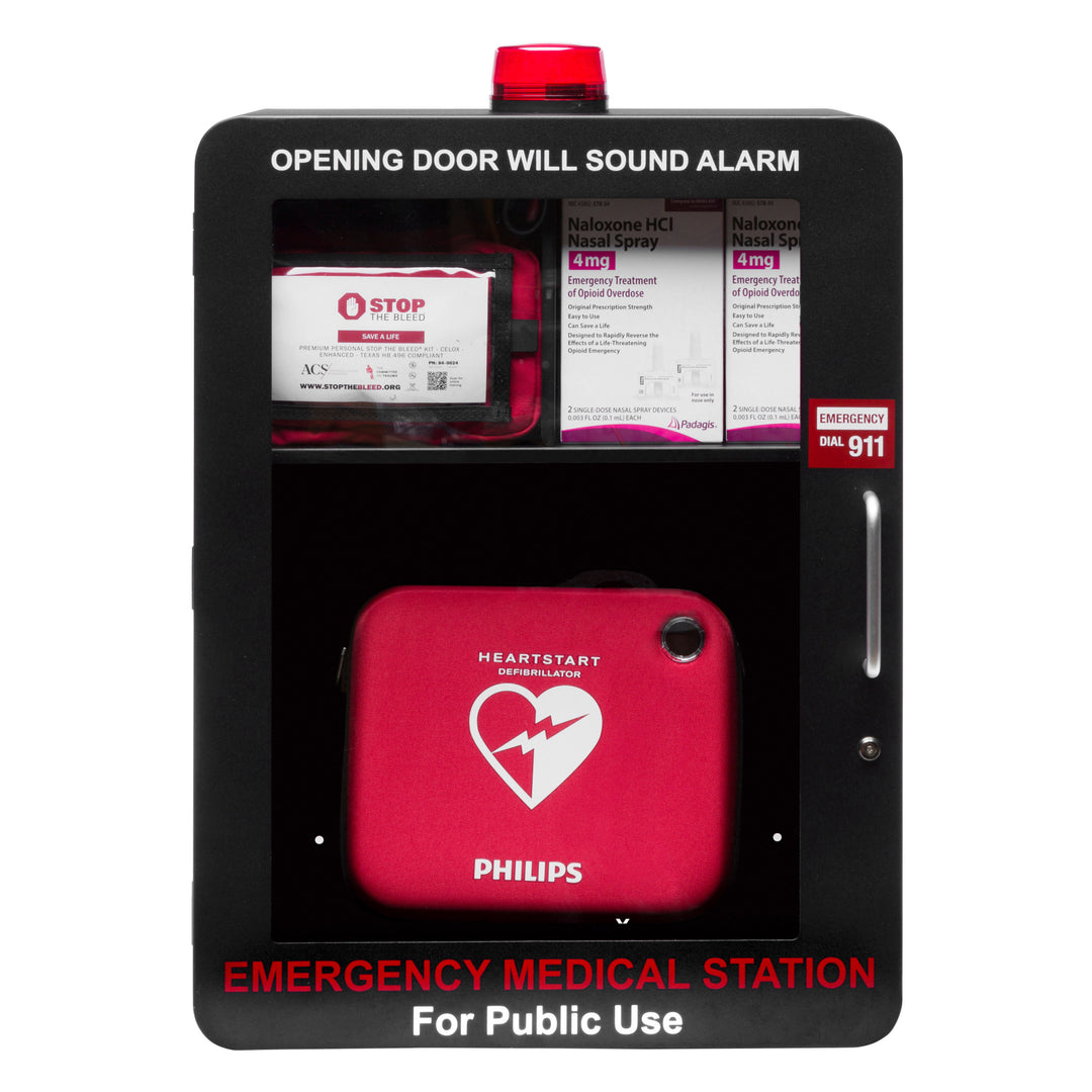 Emergency Medical Station Wall Mount Cabinet Box | Storage for AED, Naloxone, Bleeding Control & First Aid Kits