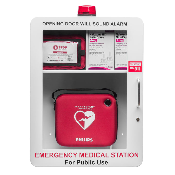 Emergency Medical Station Wall Mount Cabinet Box | Storage for AED, Naloxone, Bleeding Control & First Aid Kits