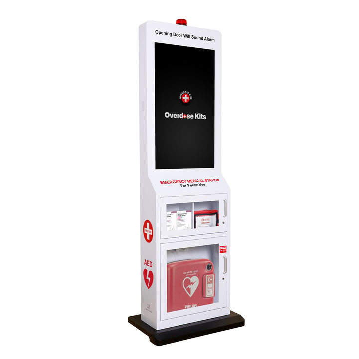 Emergency Medical Station with 32" Video Screen – Stores AED, Naloxone, Bleeding Control & First Aid Kits