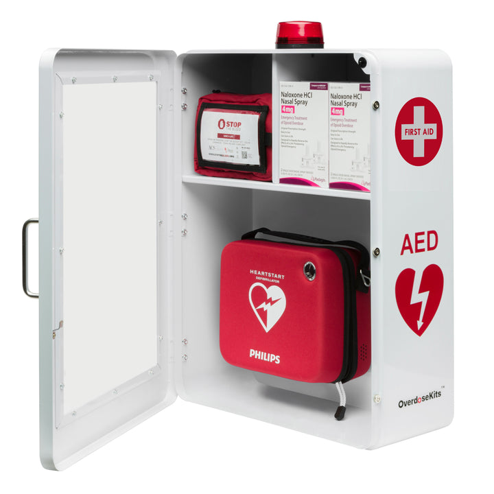 Emergency Medical Station Wall Mount Cabinet Box | Storage for AED, Naloxone, Bleeding Control & First Aid Kits