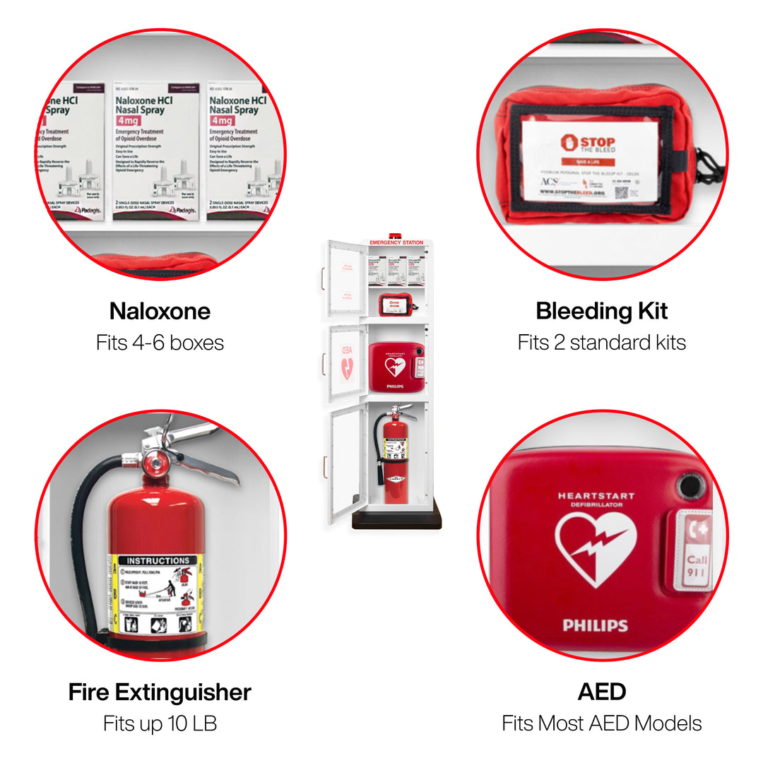All-in-One Emergency Station – AED, Fire Extinguisher, Naloxone & First Aid Cabinet