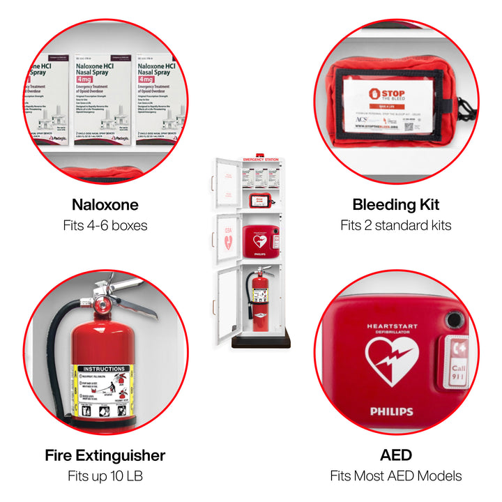 All-in-One Emergency Station – AED, Fire Extinguisher, Naloxone & First Aid Cabinet