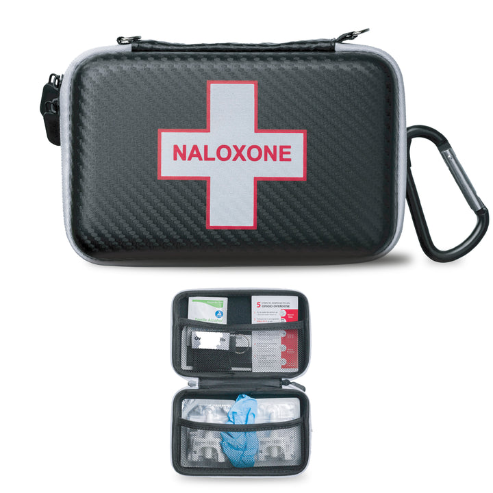 A black hard shell carry case with a red cross label marked 'Naloxone', includes a carabiner clip. The case is shown both closed and open, displaying the naloxone and accessories inside.
