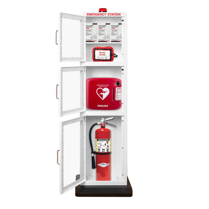 All-in-One Emergency Station – AED, Fire Extinguisher, Naloxone & First Aid Cabinet