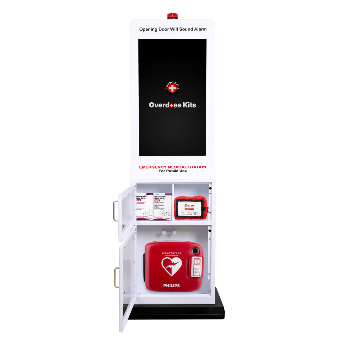 Emergency Medical Station with 32" Video Screen – Stores AED, Naloxone, Bleeding Control & First Aid Kits