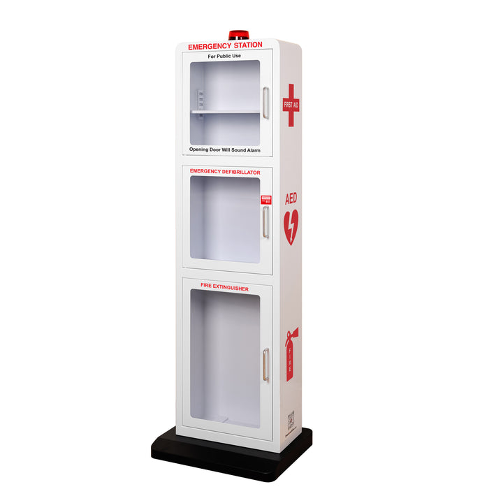 Emergency Station | Store AEDs, Fire Extinguishers, Naloxone Overdose Kits, Bleeding Control Kits & First Aid Kits in a Large Floor Stand Cabinet for Public Spaces