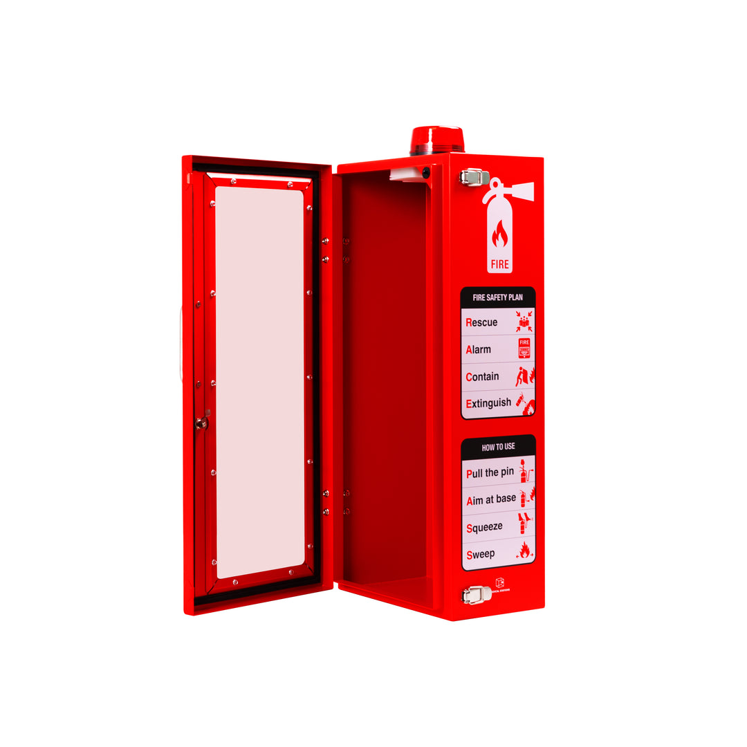 Outdoor Fire Extinguisher Cabinet | Wall & Surface Mount | Holds 10 lb and 20 Pound Extinguishers | Optional Alarm & Lock | Fire Safety Instructions Included