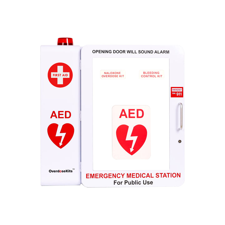 Emergency Medical Station | AED & Naloxone Wall Mount Cabinet Designed to Store AED's, Naloxone Overdose Kits, Bleeding Control Kits & First Aid Kits for Public Spaces