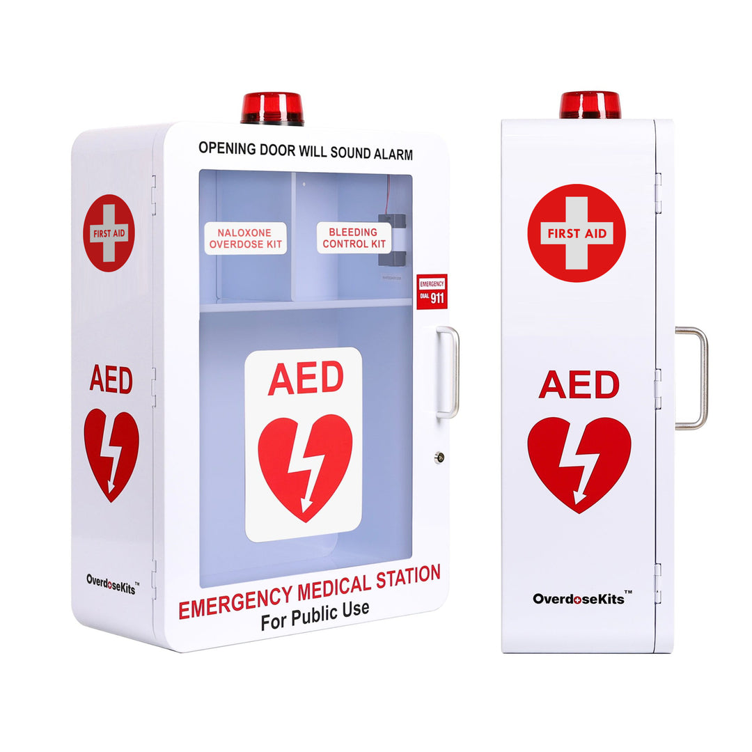 Emergency Medical Station | AED & Naloxone Wall Mount Cabinet Designed to Store AED's, Naloxone Overdose Kits, Bleeding Control Kits & First Aid Kits for Public Spaces