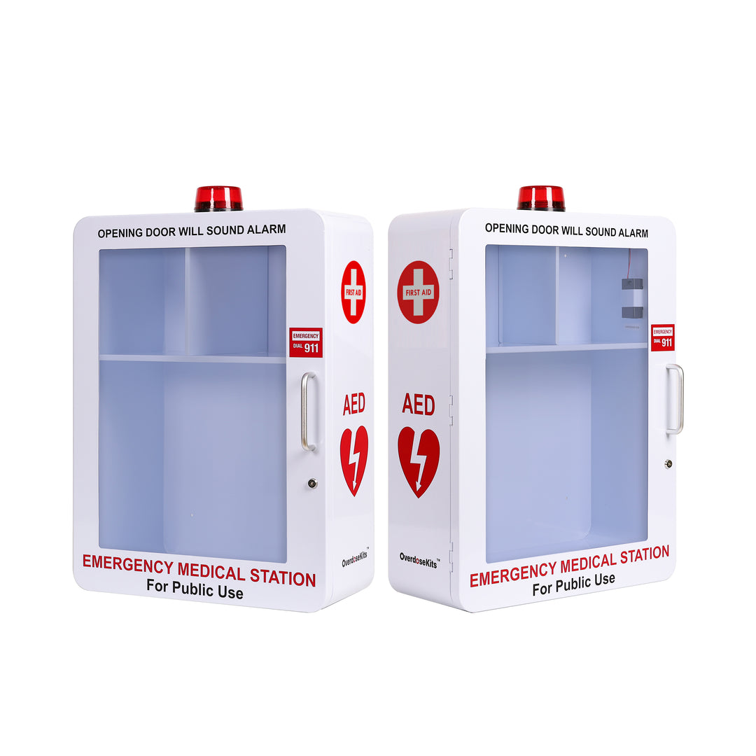 Emergency Medical Station | AED & Naloxone Wall Mount Cabinet Designed to Store AED's, Naloxone Overdose Kits, Bleeding Control Kits & First Aid Kits for Public Spaces