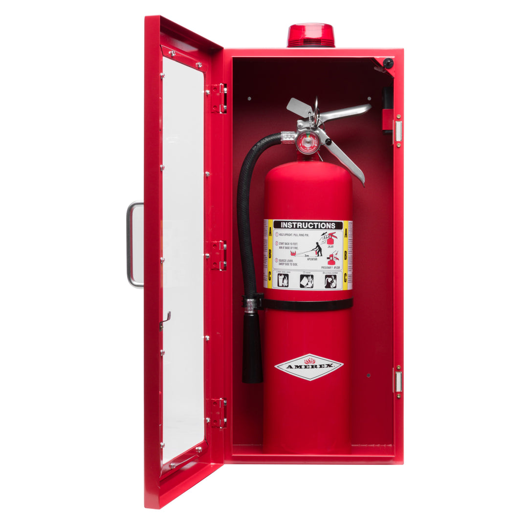 Fire Extinguisher Cabinet | Wall & Surface Mount | Holds up to 10 lb Extinguishers | Optional Alarm & Lock | Fire Safety Instructions Included