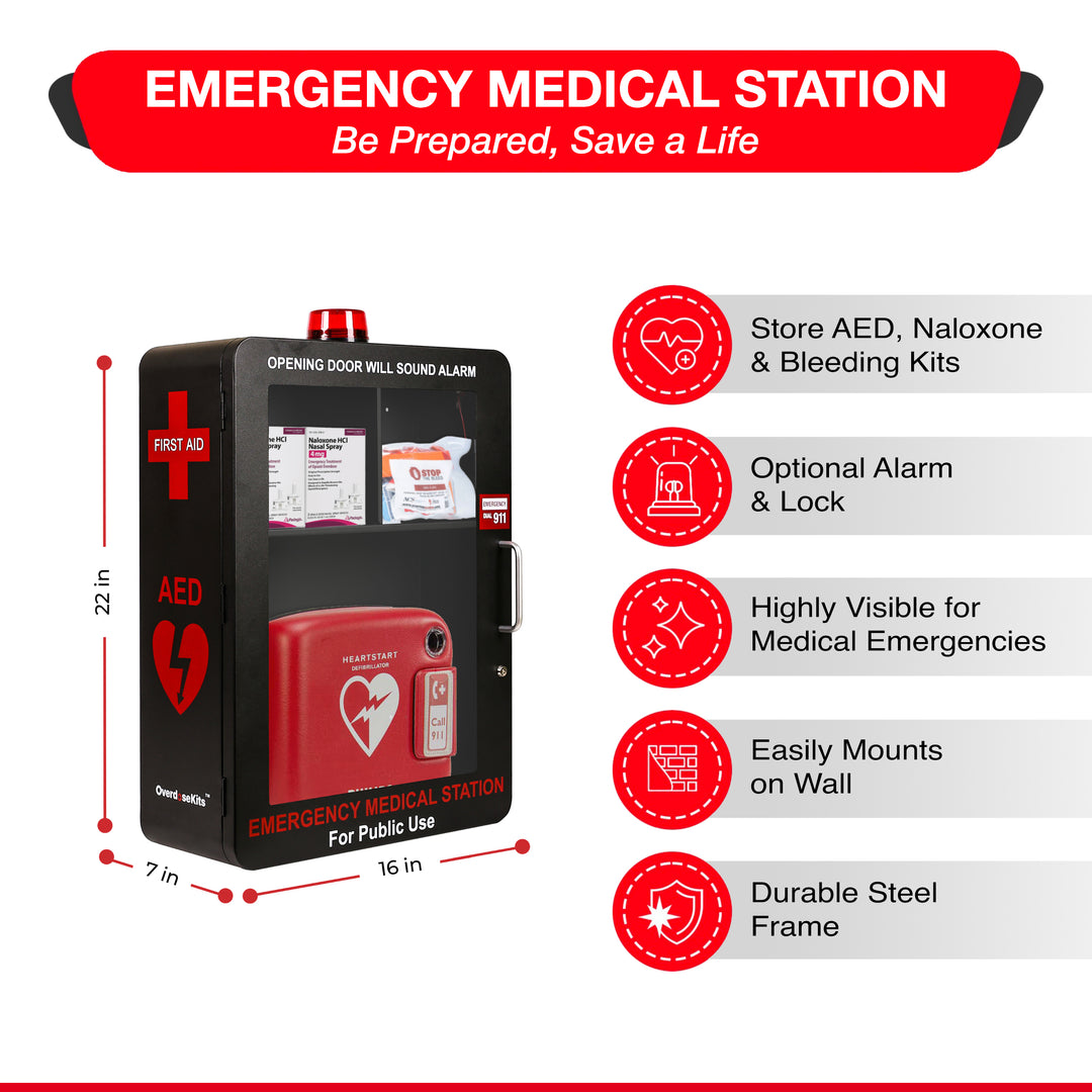 Emergency Medical Station | AED & Naloxone Wall Mount Cabinet Designed to Store AED's, Naloxone Overdose Kits, Bleeding Control Kits & First Aid Kits for Public Spaces