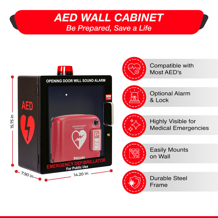 AED Defibrillator Wall Mount Cabinet | Optional Alarm & Lock | Durable Steel Frame | Fits All Brands of AED's for Public Spaces or Home