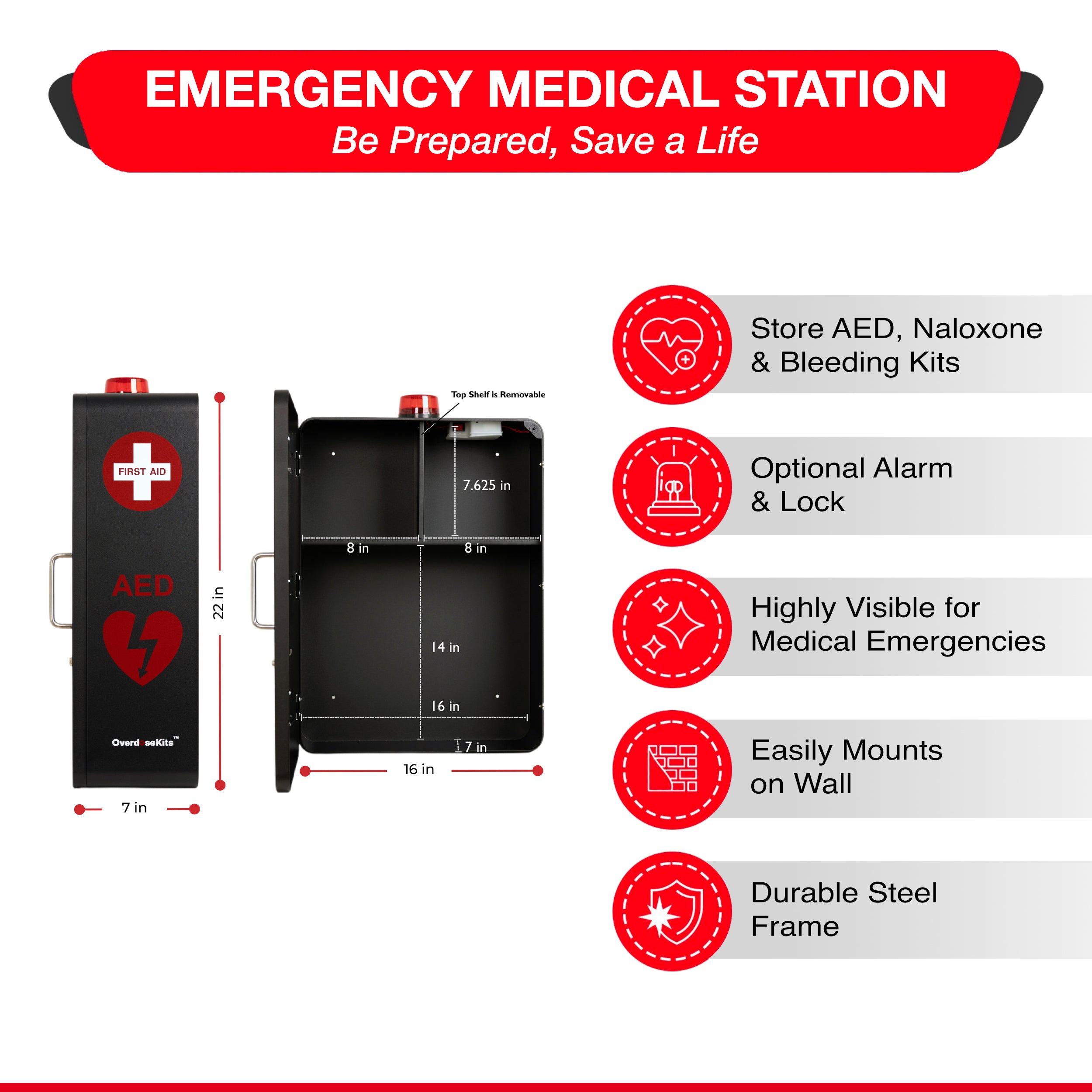 ▷ Emergency Medical Station | AED & Naloxone Wall Cabinet