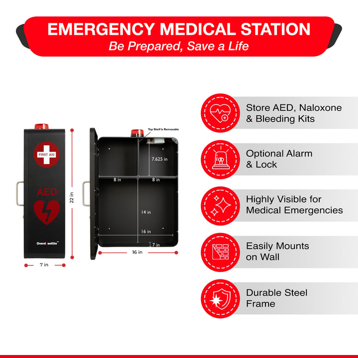 Emergency Medical Station Wall Mount Cabinet Box | Storage for AED, Naloxone, Bleeding Control & First Aid Kits