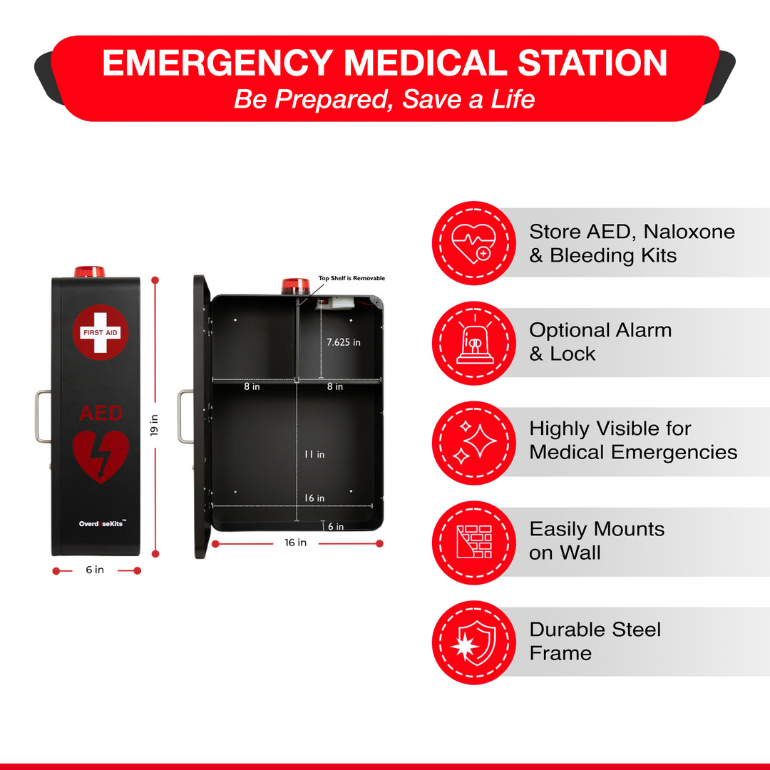 Emergency Medical Station Wall Mount Cabinet Box | Storage for AED, Naloxone, Bleeding Control & First Aid Kits