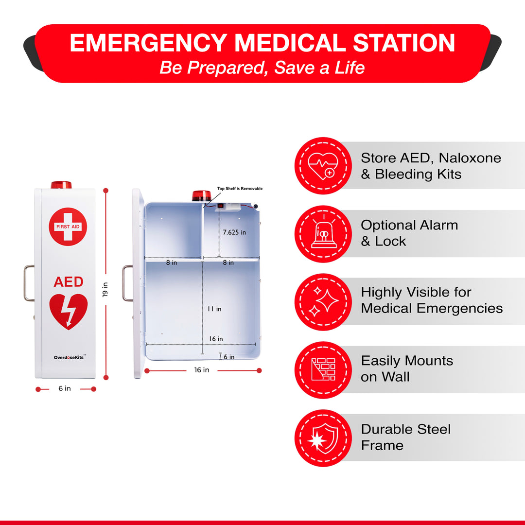 Emergency Medical Station Wall Mount Cabinet Box | Storage for AED, Naloxone, Bleeding Control & First Aid Kits