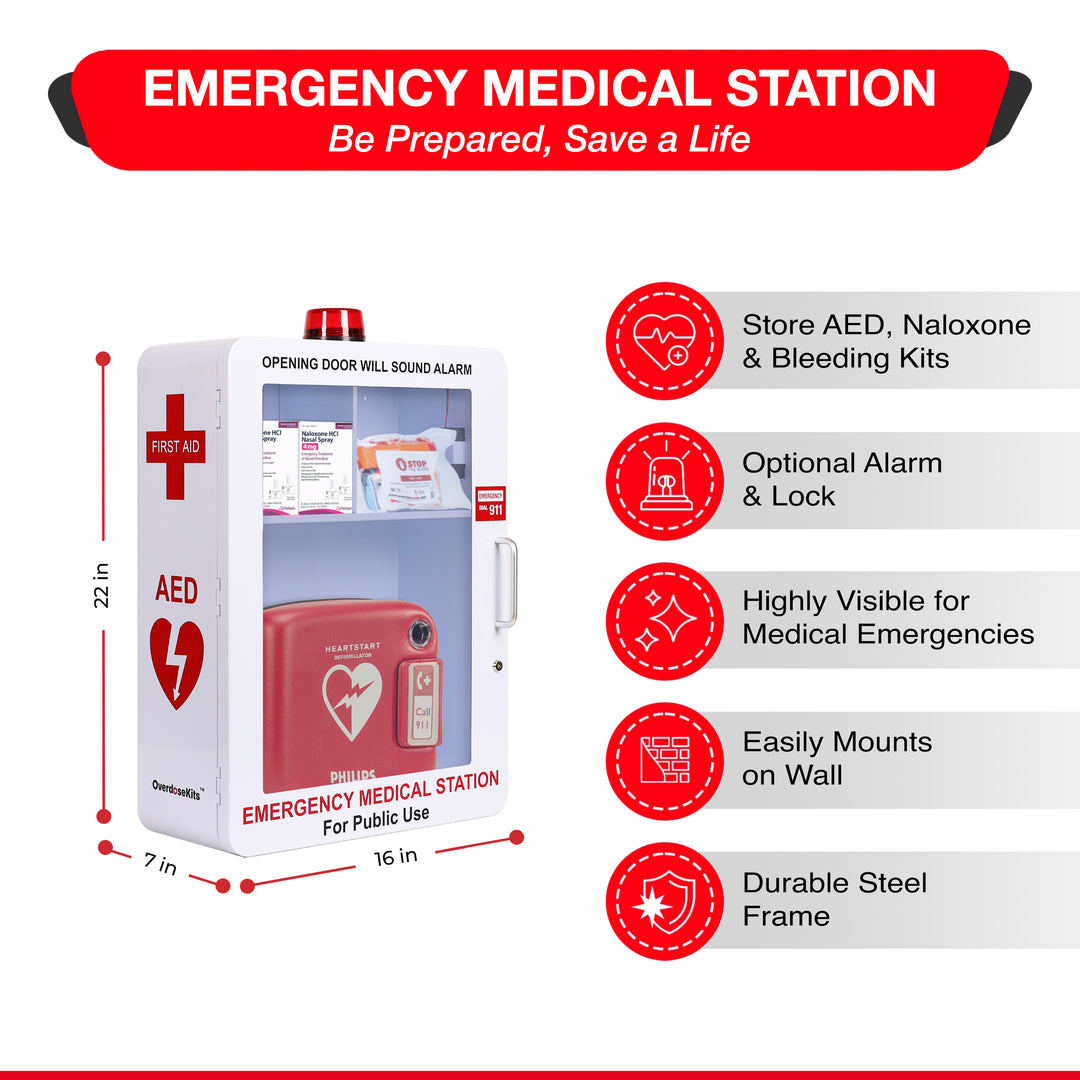 Emergency Medical Station | AED & Naloxone Wall Mount Cabinet Designed to Store AED's, Naloxone Overdose Kits, Bleeding Control Kits & First Aid Kits for Public Spaces