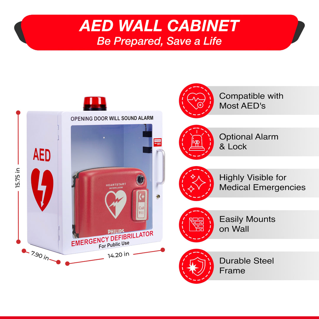 AED Defibrillator Wall Mount Cabinet | Optional Alarm & Lock | Durable Steel Frame | Fits All Brands of AED's for Public Spaces or Home