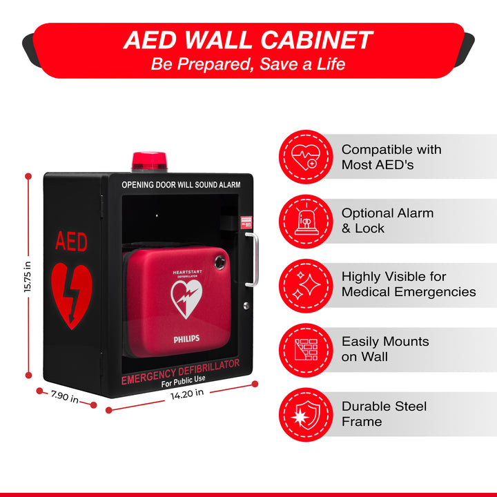 AED Defibrillator Wall Mount Cabinet | Optional Alarm & Lock | Durable Steel Frame | Fits All Brands of AED's for Public Spaces or Home