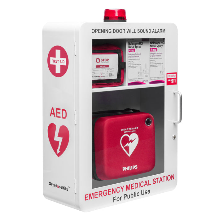 Emergency Medical Station | AED & Naloxone Wall Mount Cabinet Designed to Store AED's, Naloxone Overdose Kits, Bleeding Control Kits & First Aid Kits for Public Spaces