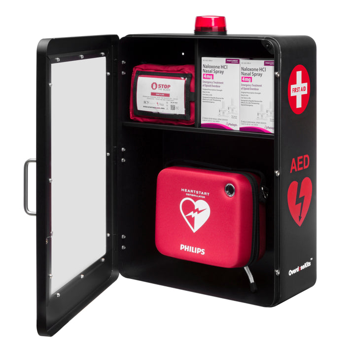 Emergency Medical Station | AED & Naloxone Wall Mount Cabinet Designed to Store AED's, Naloxone Overdose Kits, Bleeding Control Kits & First Aid Kits for Public Spaces