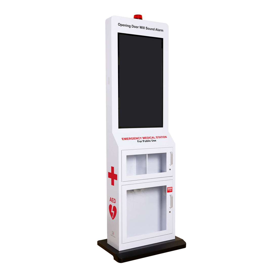 Emergency Medical Station with Large Display Screen - Designed to Store AED's, Naloxone Overdose Kits, Bleeding Control Kits & First Aid Kits for Public Spaces