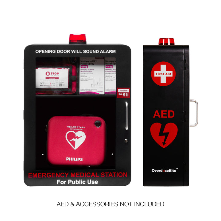 Emergency Medical Station | AED & Naloxone Wall Mount Cabinet Designed to Store AED's, Naloxone Overdose Kits, Bleeding Control Kits & First Aid Kits for Public Spaces