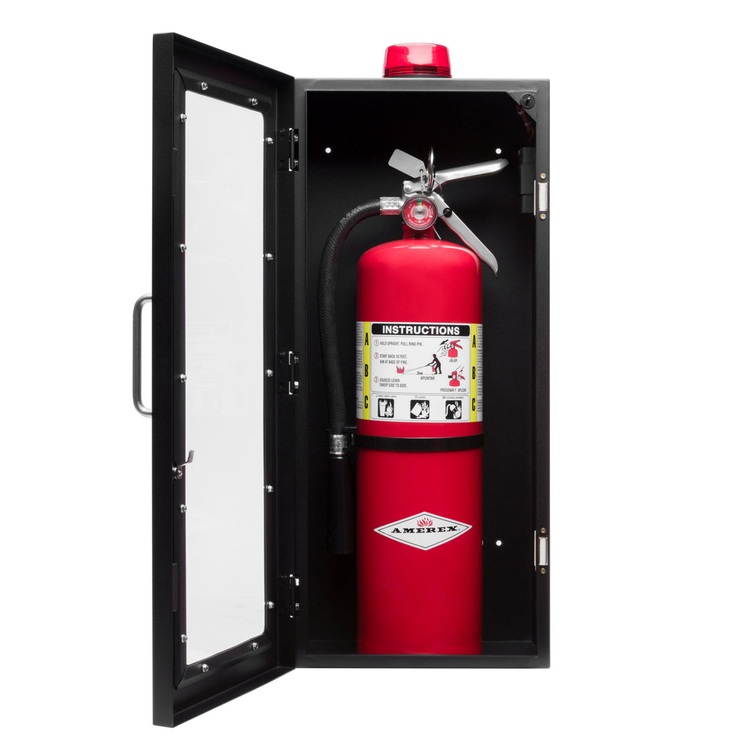 Fire Extinguisher Cabinet | Wall & Surface Mount | Holds 2.5 pound, 5 lb or 10 lb Extinguishers | Optional Alarm & Lock | Fire Safety Instructions Included