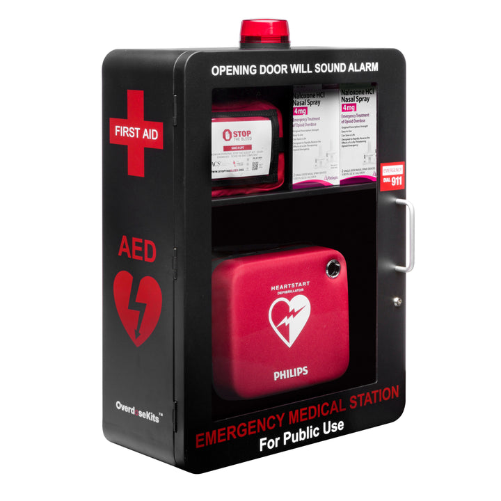 Emergency Medical Station | AED & Naloxone Wall Mount Cabinet Designed to Store AED's, Naloxone Overdose Kits, Bleeding Control Kits & First Aid Kits for Public Spaces