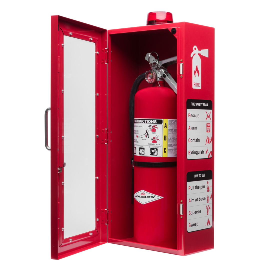 Fire Extinguisher Cabinet | Wall & Surface Mount | Holds 2.5 pound, 5 lb or 10 lb Extinguishers | Optional Alarm & Lock | Fire Safety Instructions Included