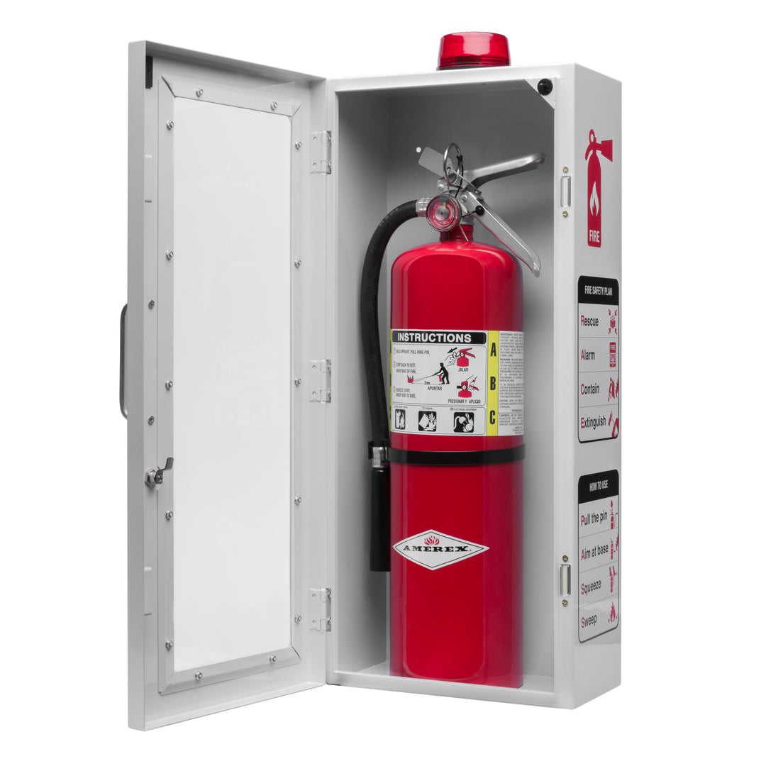 Fire Extinguisher Cabinet | Wall & Surface Mount | Holds up to 10 lb Extinguishers | Optional Alarm & Lock | Fire Safety Instructions Included