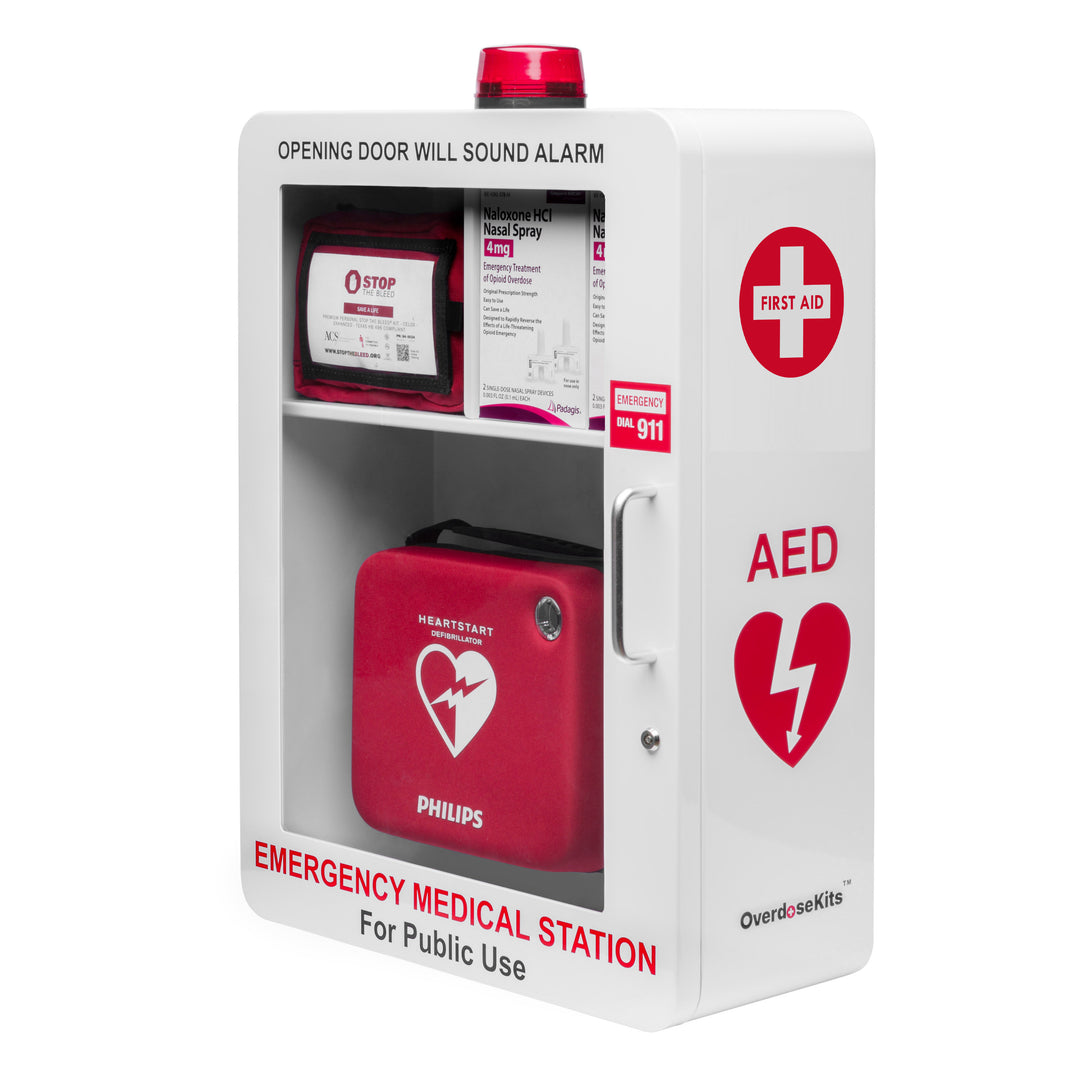 Emergency Medical Station | AED & Naloxone Wall Mount Cabinet Designed to Store AED's, Naloxone Overdose Kits, Bleeding Control Kits & First Aid Kits for Public Spaces