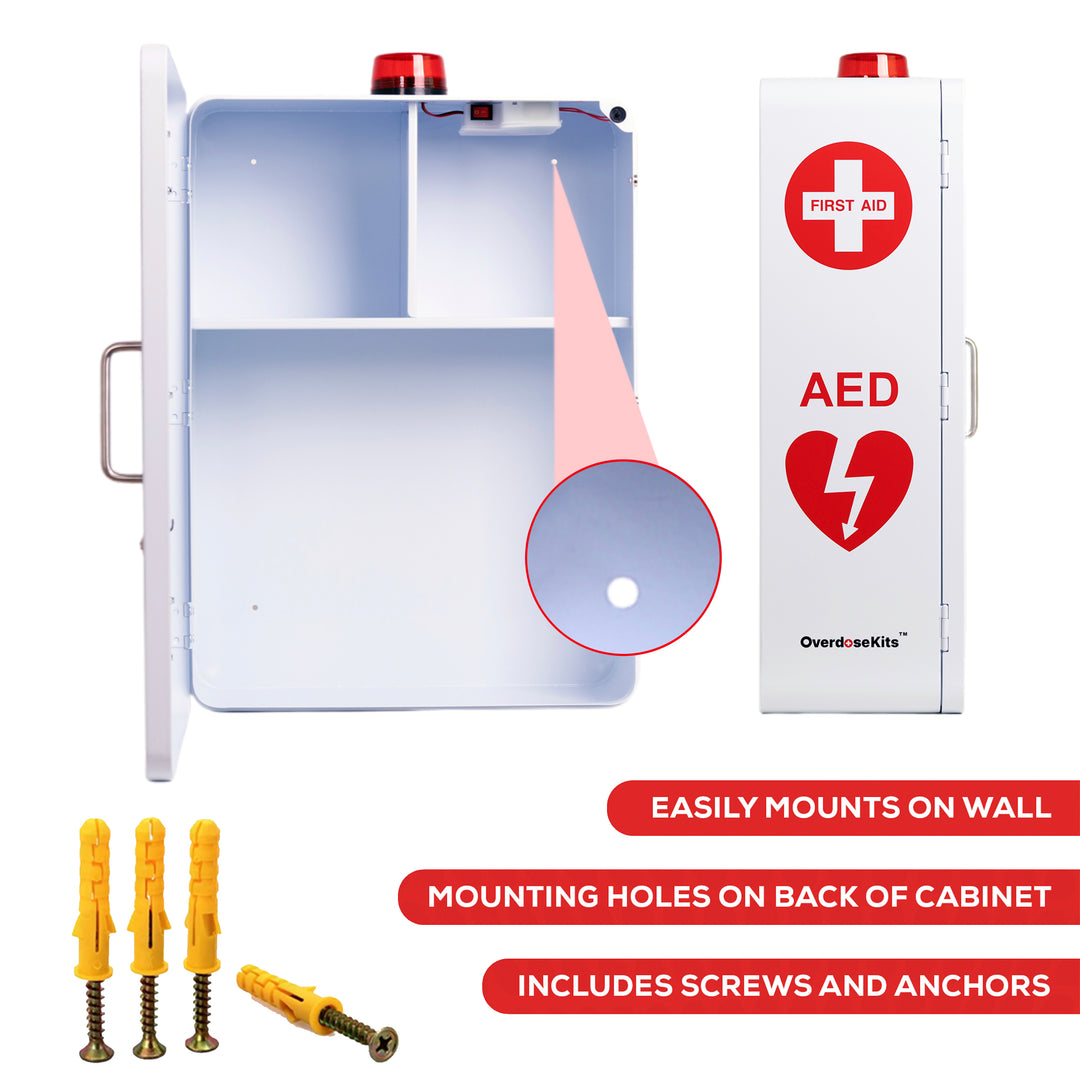 Emergency Medical Station Wall Mount Cabinet Box | Storage for AED, Naloxone, Bleeding Control & First Aid Kits