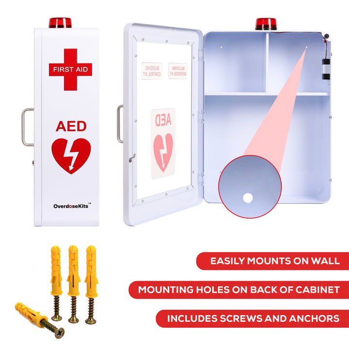 Emergency Medical Station | AED & Naloxone Wall Mount Cabinet Designed to Store AED's, Naloxone Overdose Kits, Bleeding Control Kits & First Aid Kits for Public Spaces