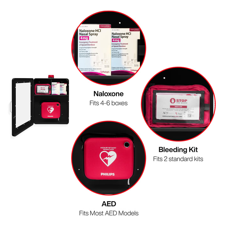 Emergency Medical Station | AED & Naloxone Wall Mount Cabinet Designed to Store AED's, Naloxone Overdose Kits, Bleeding Control Kits & First Aid Kits for Public Spaces