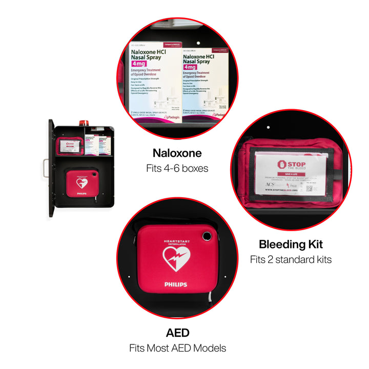Emergency Medical Station Wall Mount Cabinet Box | Storage for AED, Naloxone, Bleeding Control & First Aid Kits