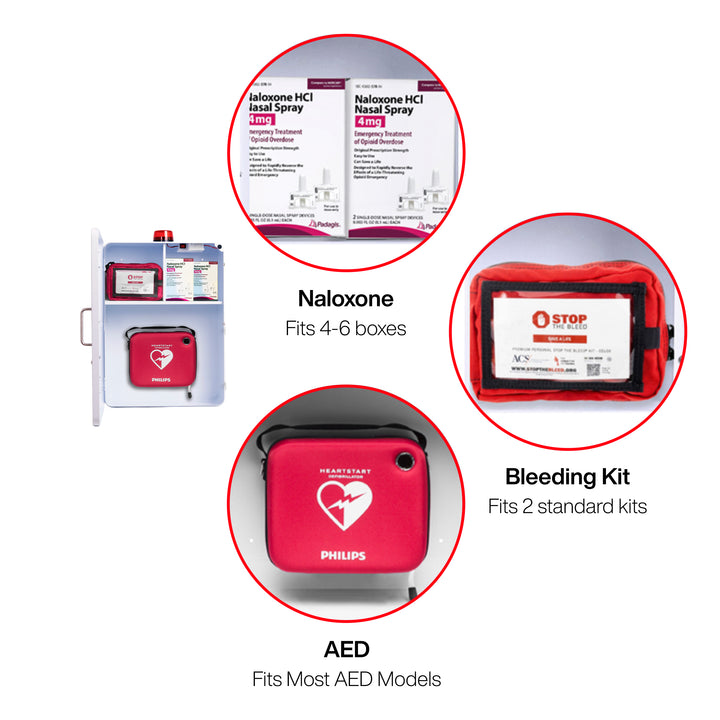 Emergency Medical Station Wall Mount Cabinet Box | Storage for AED, Naloxone, Bleeding Control & First Aid Kits