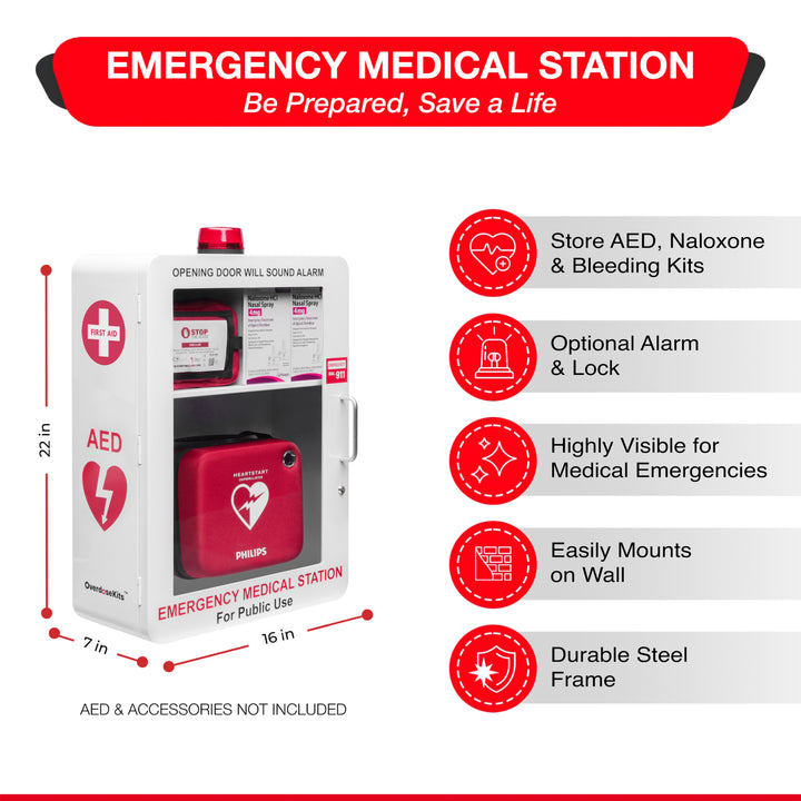 Emergency Medical Station | AED & Naloxone Wall Mount Cabinet Designed to Store AED's, Naloxone Overdose Kits, Bleeding Control Kits & First Aid Kits for Public Spaces