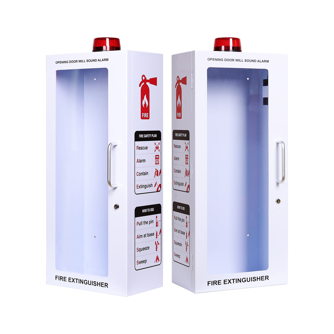 Fire Extinguisher Cabinet | Wall & Surface Mount | Holds up to 10 lb Extinguishers | Optional Alarm & Lock | Fire Safety Instructions Included