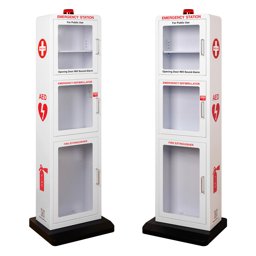 Emergency Station | Store AEDs, Fire Extinguishers, Naloxone Overdose Kits, Bleeding Control Kits & First Aid Kits in a Large Floor Stand Cabinet for Public Spaces