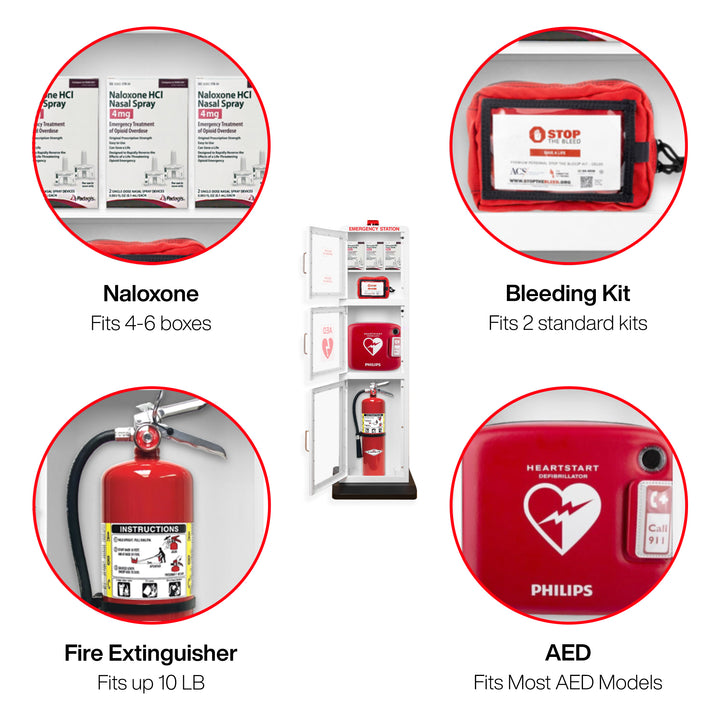 Emergency Station | Store AEDs, Fire Extinguishers, Naloxone Overdose Kits, Bleeding Control Kits & First Aid Kits in a Large Floor Stand Cabinet for Public Spaces