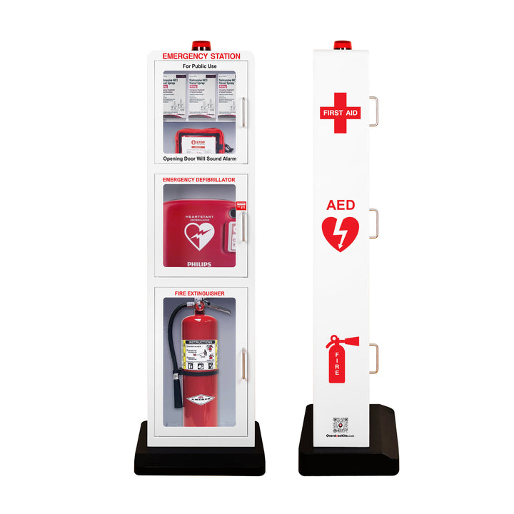 Emergency Station | Store AEDs, Fire Extinguishers, Naloxone Overdose Kits, Bleeding Control Kits & First Aid Kits in a Large Floor Stand Cabinet for Public Spaces