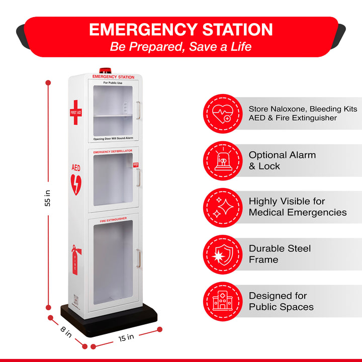 Emergency Station | Store AEDs, Fire Extinguishers, Naloxone Overdose Kits, Bleeding Control Kits & First Aid Kits in a Large Floor Stand Cabinet for Public Spaces