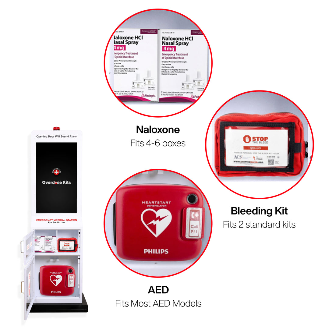 Emergency Medical Station with Large Display Screen - Designed to Store AED's, Naloxone Overdose Kits, Bleeding Control Kits & First Aid Kits for Public Spaces