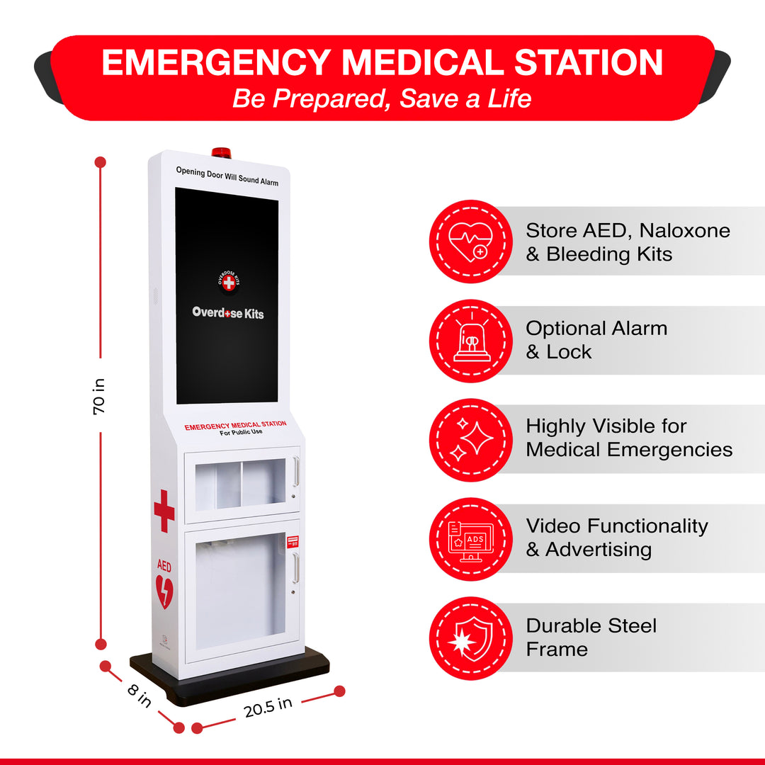 Emergency Medical Station with Large Display Screen - Designed to Store AED's, Naloxone Overdose Kits, Bleeding Control Kits & First Aid Kits for Public Spaces