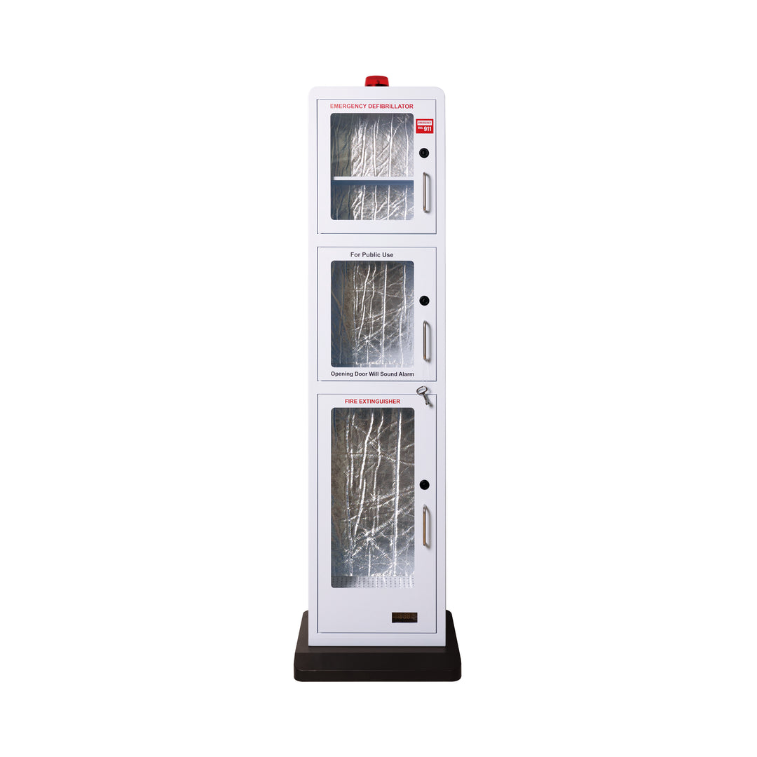 All-in-One emergency safe station floor stand with clear plexiglass windows and heavy-duty steel construction for public safety.